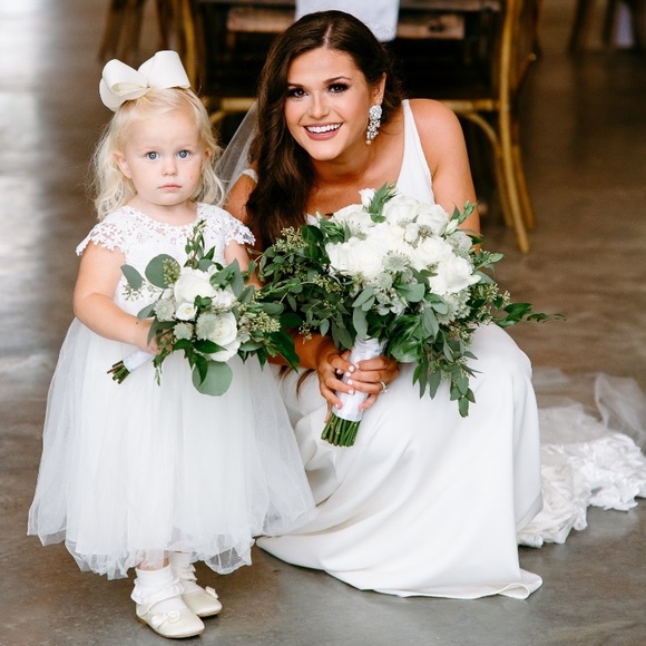 David’s Bridal Flower Girl Dress, 2 bows, and ruffle socks - Picture 2 of 13